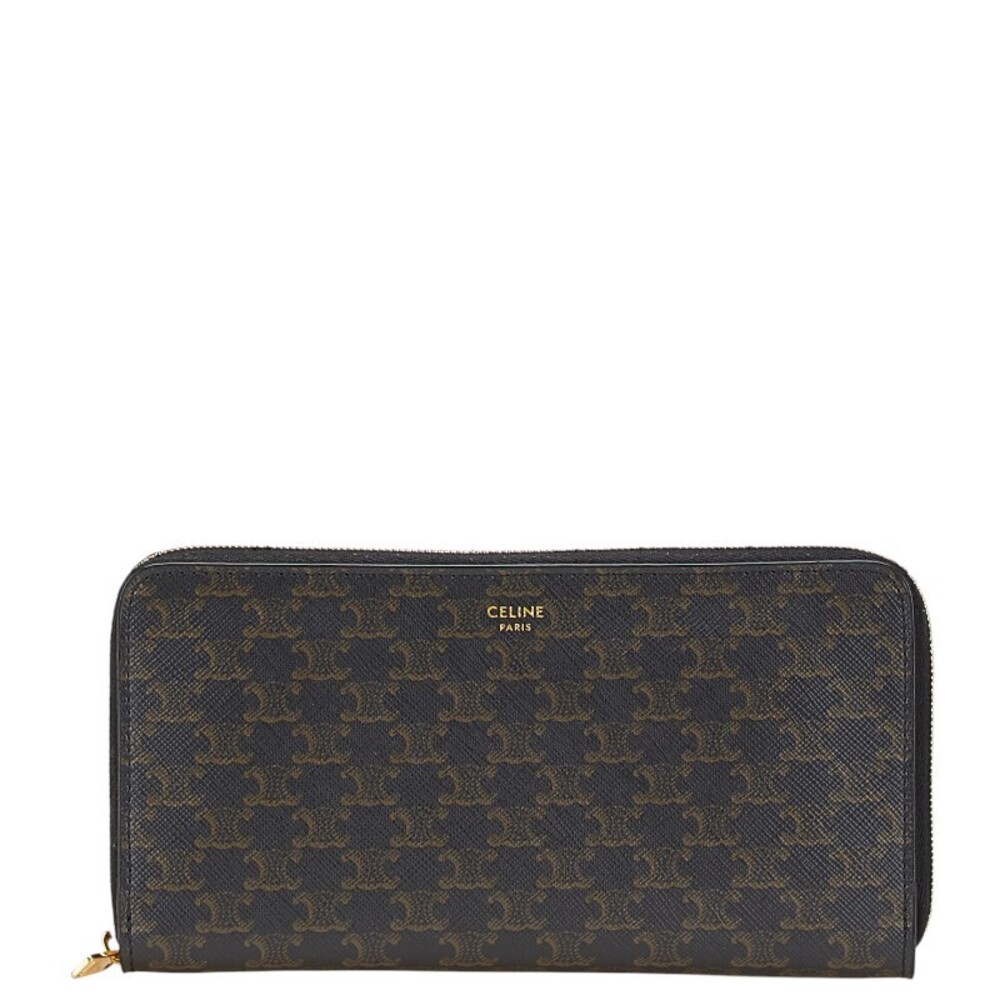 Celine Triomphe round zip long wallet black leather